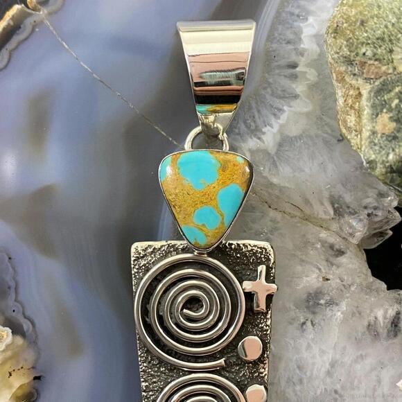 Alex Sanchez Sterling Silver Turquoise Petroglyph Long Unisex Pendant - Picture 6 of 10